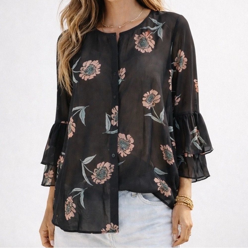 CAbi Women’s LA-DI-DA Black Floral Chiffon 3/4 Ruffle Bell Sleeve Blouse M Boho